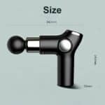 Black massage gun with ergonomic handle and size specifications highlighted, ideal for muscle relaxation and recovery. Perfect for athletes and fitness enthusiasts.