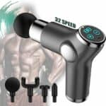 Massage gun with multiple attachments for muscle relaxation and recovery, featuring digital display, 32-speed settings, and ergonomic design for fitness enthusiasts.