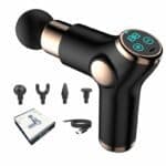 Wireless massage gun with LED digital display, multiple attachment heads, rechargeable battery, and ergonomic design for muscle recovery and relaxation.