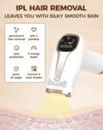 IPL hair removal device for silky smooth skin, safe, painless, with 5 energy levels, automatic and manual modes, permanent hair removal, eye protection, and long-lasting use.