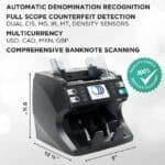 High-speed banknote counter with UV, MG, IR, MT, and density sensors, featuring automatic denomination recognition, multicurrency support, and comprehensive banknote scanning for reliable cash processing.