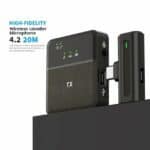 Wireless lavalier microphone for high-quality audio recording, ideal for content creation, presentations, and events. Compact design with 20 meters range for flexible operation.