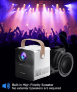 Protable projector with built-in high-fidelity speaker, perfect for home entertainment, parties, and outdoor events, offering clear visuals and immersive sound without the need for external speakers.