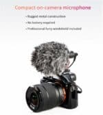 Compact on-camera microphone with rugged metal construction, no battery needed, professional furry windshield included for optimal audio recording. Perfect for content creators and videographers.