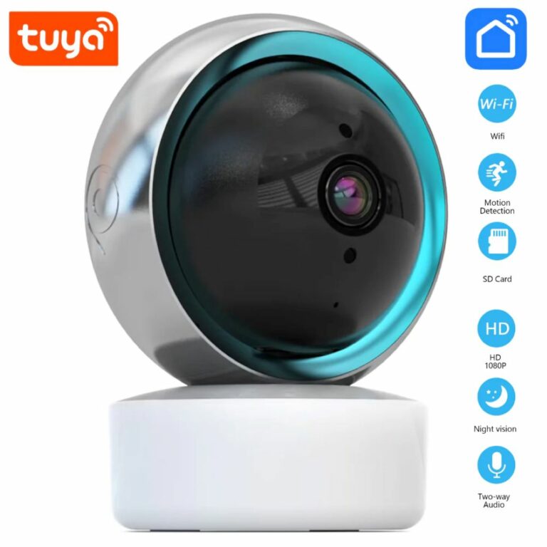 High-definition security camera with Wi-Fi, motion detection, night vision, SD card support, and two-way audio. Ideal for home security and remote monitoring from Hot Deals LB.