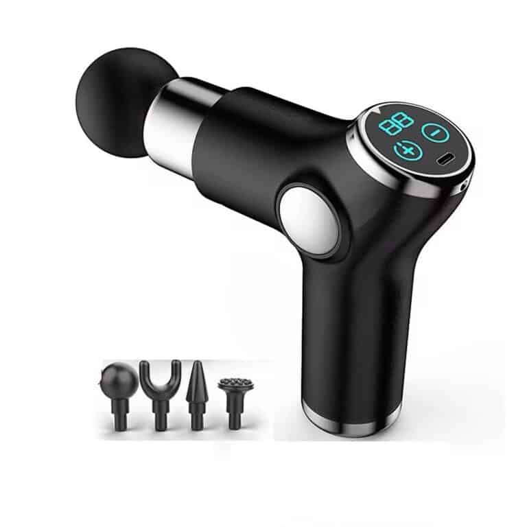 Electronic massage gun with digital control panel and interchangeable massage heads, suitable for muscle recovery and relaxation.