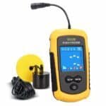 Portable fish finder device with LCD screen, including transducer and power cable, ideal for fishing enthusiasts to locate fish underwater efficiently.