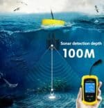 Sonar fish finder with 100M depth detection, portable handheld device for fishing enthusiasts, underwater scan, and fish detection technology, perfect for boat fishing trips.