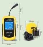 Fish finder handheld device with colorful display showing underwater imaging and sonar readings, suitable for fishing enthusiasts and boaters.