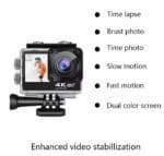 4K action camera with dual color screen, waterproof case, and WiFi, ideal for capturing slow motion, fast motion, time lapse, and brust photos, perfect for sports and adventure filming.