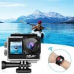 4K action camera with WiFi and waterproof casing, ideal for outdoor adventures like kayaking and mountain exploration. Capture high-quality videos and photos of lakes and mountains effortlessly.