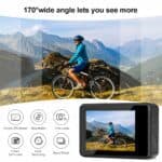 170° wide-angle action camera for outdoor adventures, cycling, and travel filming, with 2.0-inch IPS screen, time lapse, slow motion, loop recording, burst photo, and self-timer for versatile video capture.