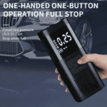 Digital tire inflator with one-handed operation, digital display, preset pressure, auto stop feature, perfect for car and motorcycle tires.