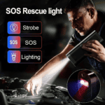 SOS Rescue light with strobe, SOS signal, and lighting functions for emergency safety and roadside assistance. Battery-powered portable flashlight ideal for travel, camping, and car emergencies.