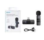 Wireless microphone system by BOYA with two microphones, receiver, and USB charging cable, compatible with iOS devices for professional audio recording.