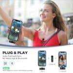 Wireless smartphone microphone for video recording and live streaming - easy plug & play setup, auto-pairing, no app needed, compatible with iPhone and Android devices, perfect for content creators.