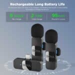 Microphone receiver with foam covers, wireless microphone system for audio recording, rechargeable Long Battery Life, ideal for podcasts, live streaming, and professional sound applications.