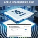Microchip NFC technology on circuit board, Apple MFi certified chip, secure wireless communication hardware, high-quality audio output, compatible with Apple devices.
