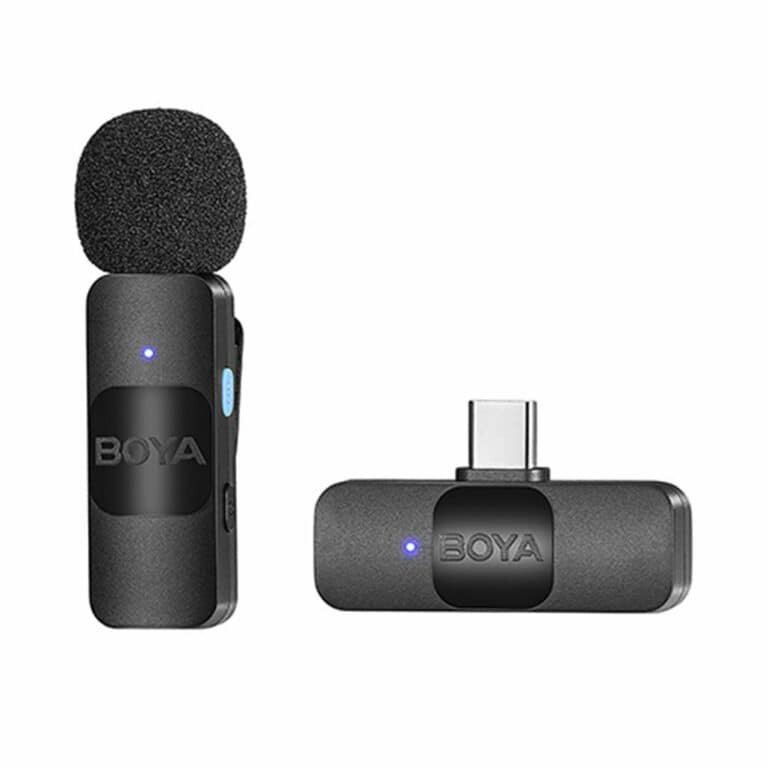 Wireless microphone and USB receiver for professional audio recording and live performances, compact and portable.