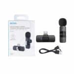 Wireless microphone system with USB-C receiver and USB charging cable, ideal for professional audio and event use. Compact design, suitable for presentations, performances, and live recordings.