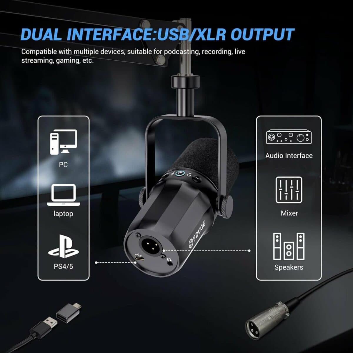 USB/XLR microphone for podcasting, streaming, gaming, and recording with dual interface compatibility, suitable for PC, laptop, PS4/5, and audio mixing applications.