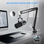 Adjustable boom arm microphone stand for streaming and recording, flexible desk mount with 270° tilt, 180° swivel, and 360° rotation for optimal positioning.