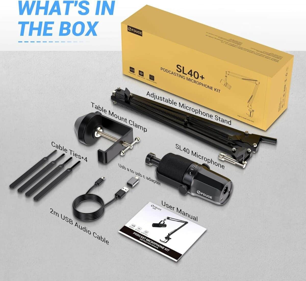 Professional podcasting microphone kit with adjustable stand, cable ties, and user manual for high-quality audio recording for streaming and content creation.