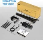 Professional podcasting microphone kit with adjustable stand, cable ties, and user manual for high-quality audio recording for streaming and content creation.