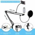 Adjustable microphone boom arm stand for professional recording and streaming, with flexible rotation and mounting options, ideal for podcasts, gaming, and broadcasting.
