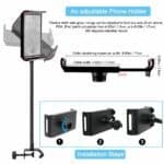 Phone holder with adjustable width for smartphones and tablets, easy to install, 360-degree rotation, suitable for car dashboards and desks, compatible with iPhone, Android, and more.