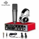 Microphone and audio equipment set for recording or streaming.