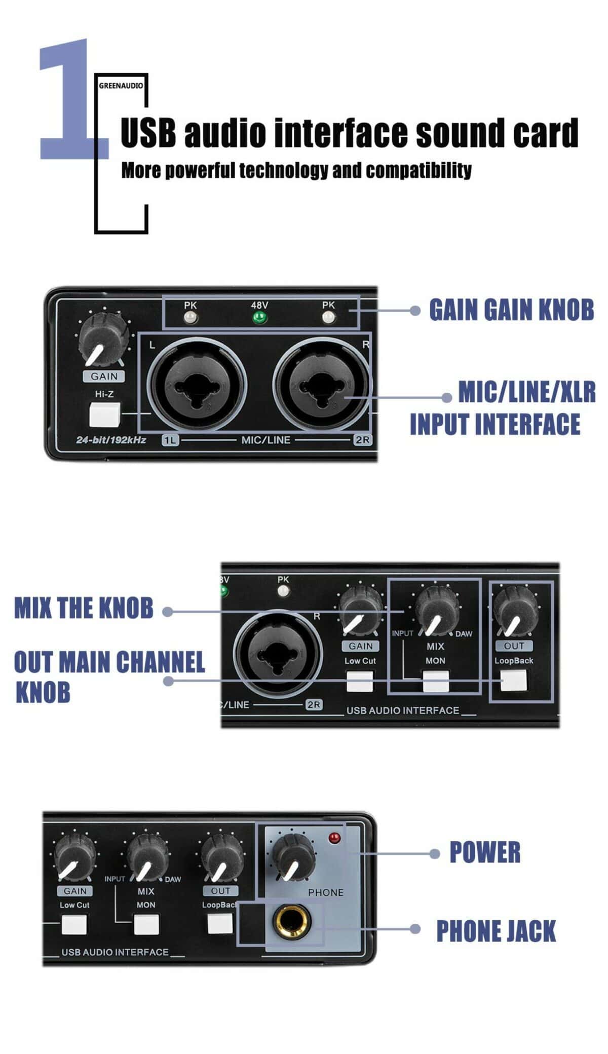 USB audio interface sound card with input/output knobs and power/phone jack for music production and recording.