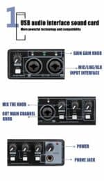USB audio interface sound card with input/output knobs and power/phone jack for music production and recording.