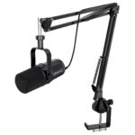 Adjustable microphone arm with shock mount and foam windscreen for professional streaming and podcasting setups. Ideal for gamers, content creators, and remote workers.