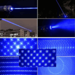 Laser pointer beams emitting vibrant blue light for entertainment and presentations, set against various night city and light display backgrounds.