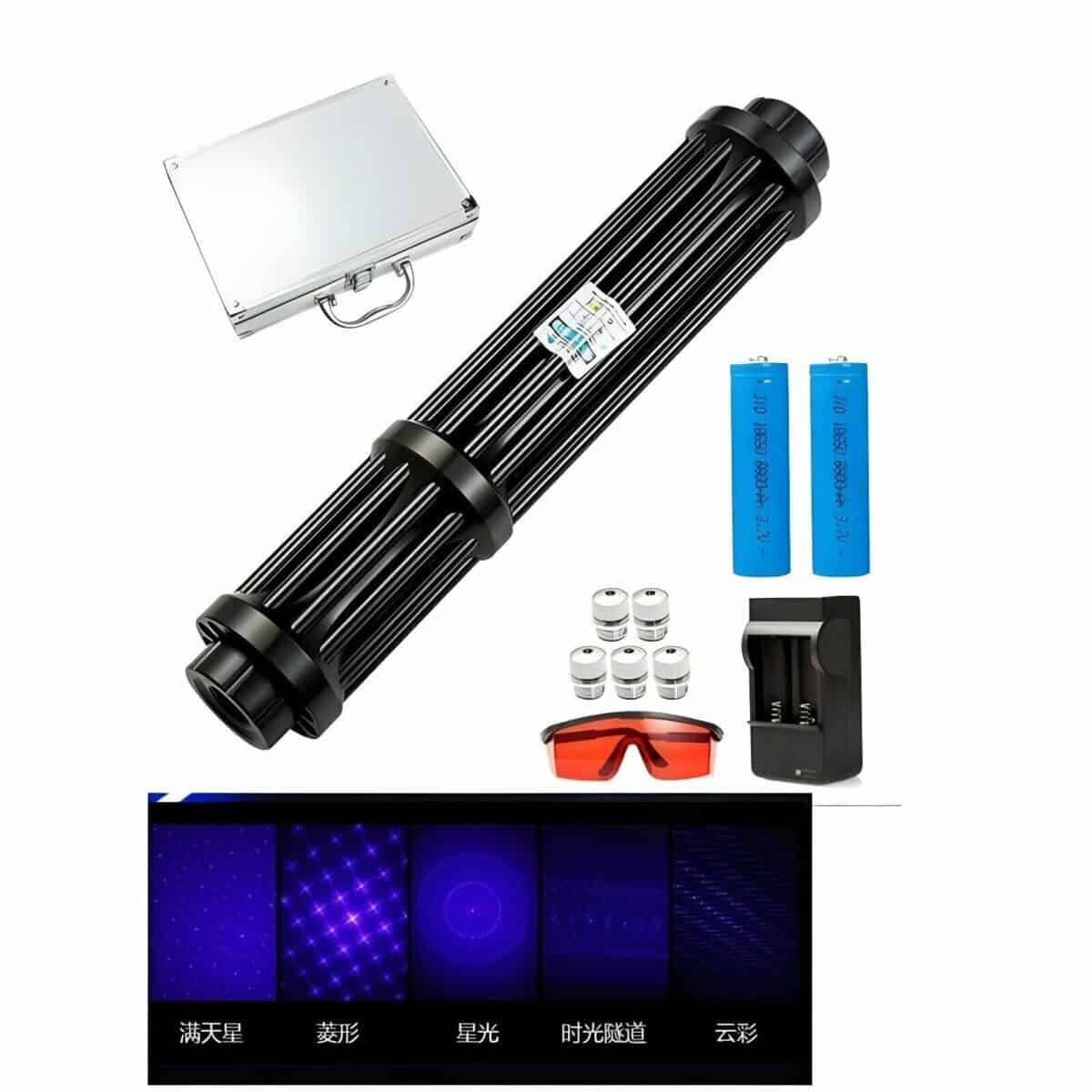 Rechargeable handheld laser light projector with multiple lighting effects, remote control, safety glasses, batteries, and power supplies for vibrant LED laser shows and parties.