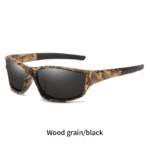 Stylish wood grain and black sunglasses with polarized lenses, perfect for outdoor activities and sun protection.