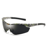 Polarized sports sunglasses with camo pattern and black lenses for outdoor activities.