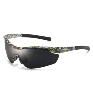 Polarized sports sunglasses with camo pattern and black lenses for outdoor activities.