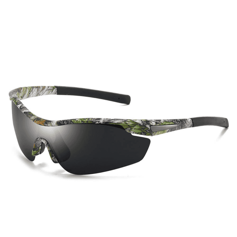 Polarized sports sunglasses with camo pattern and black lenses for outdoor activities.