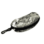 Digital camouflage sunglasses case with zip closure and clip, ideal for outdoor activities and protection for eyewear. Perfect for travel and everyday use.