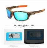 Polarized sunglasses with camouflage frames and blue mirrored lenses, ideal for outdoor activities and hunting.
