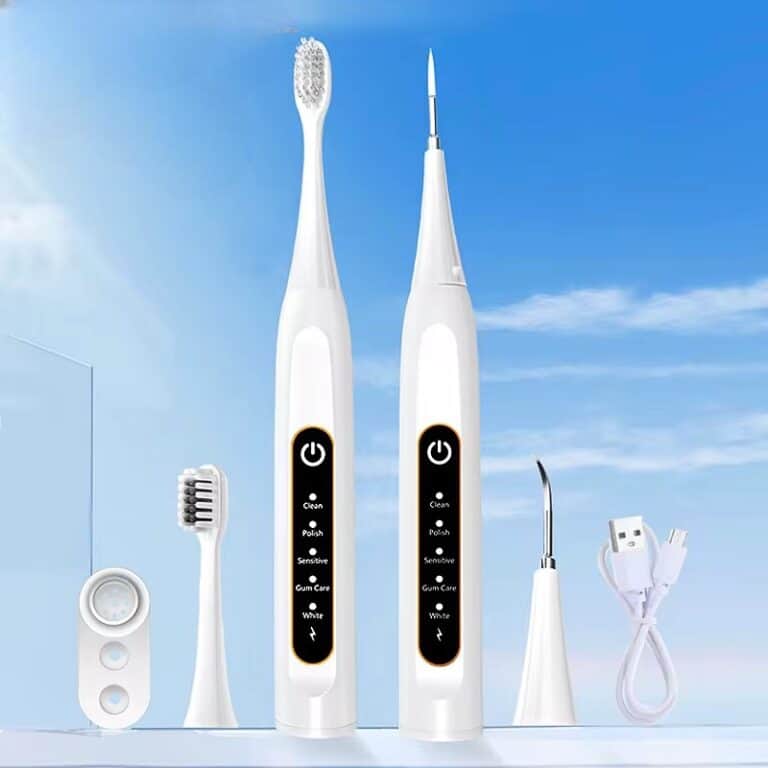 Electric toothbrush set with replaceable heads and USB charging for dental care, featuring a sleek white design and multiple cleaning modes for healthy teeth.