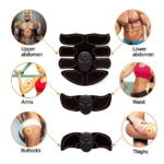 - Flexible black EMS body slimming massage pads targeting upper and lower abdomen, arms, waist, buttocks, and thighs for fitness and fat reduction.