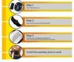 Wireless ab workout device attachment process, step-by-step instructions for muscle toning, abdominal pad setup, and machine activation, showcasing fitness equipment and exercise guide.