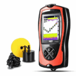 Handheld fish finder with LCD screen, transducer, and accessories, ideal for fishing enthusiasts.