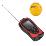 Portable electronic device with antenna and digital display for outdoor use, color black and red.