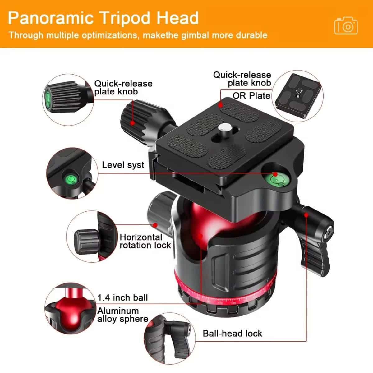 High-quality panoramic tripod head with quick-release plate knob and adjustable level system for stable, durable camera mounting and smooth 360-degree rotation.