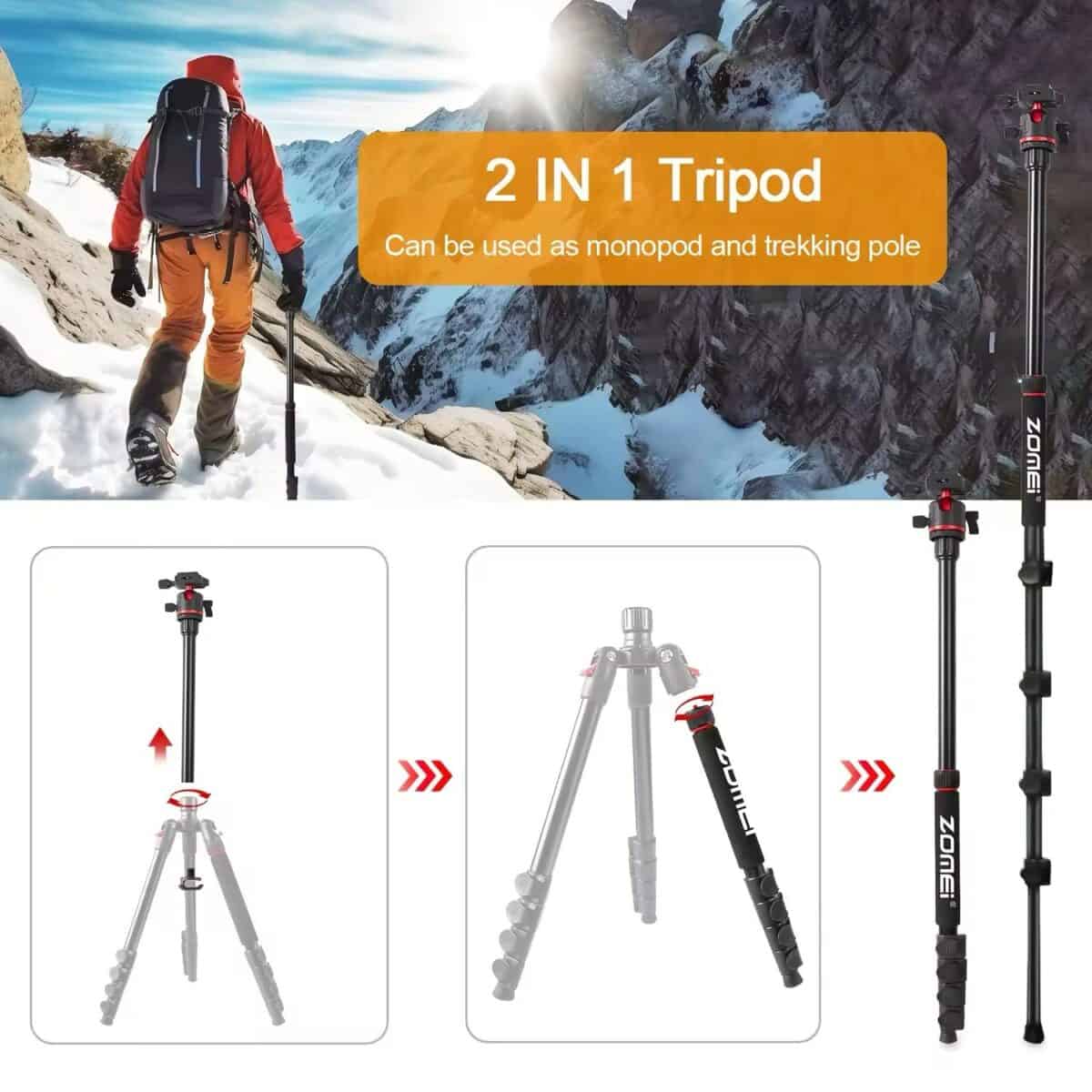 2. Lightweight 2 in 1 tripod suitable for hiking and photography, can be used as monopod or trekking pole for outdoor adventures.
