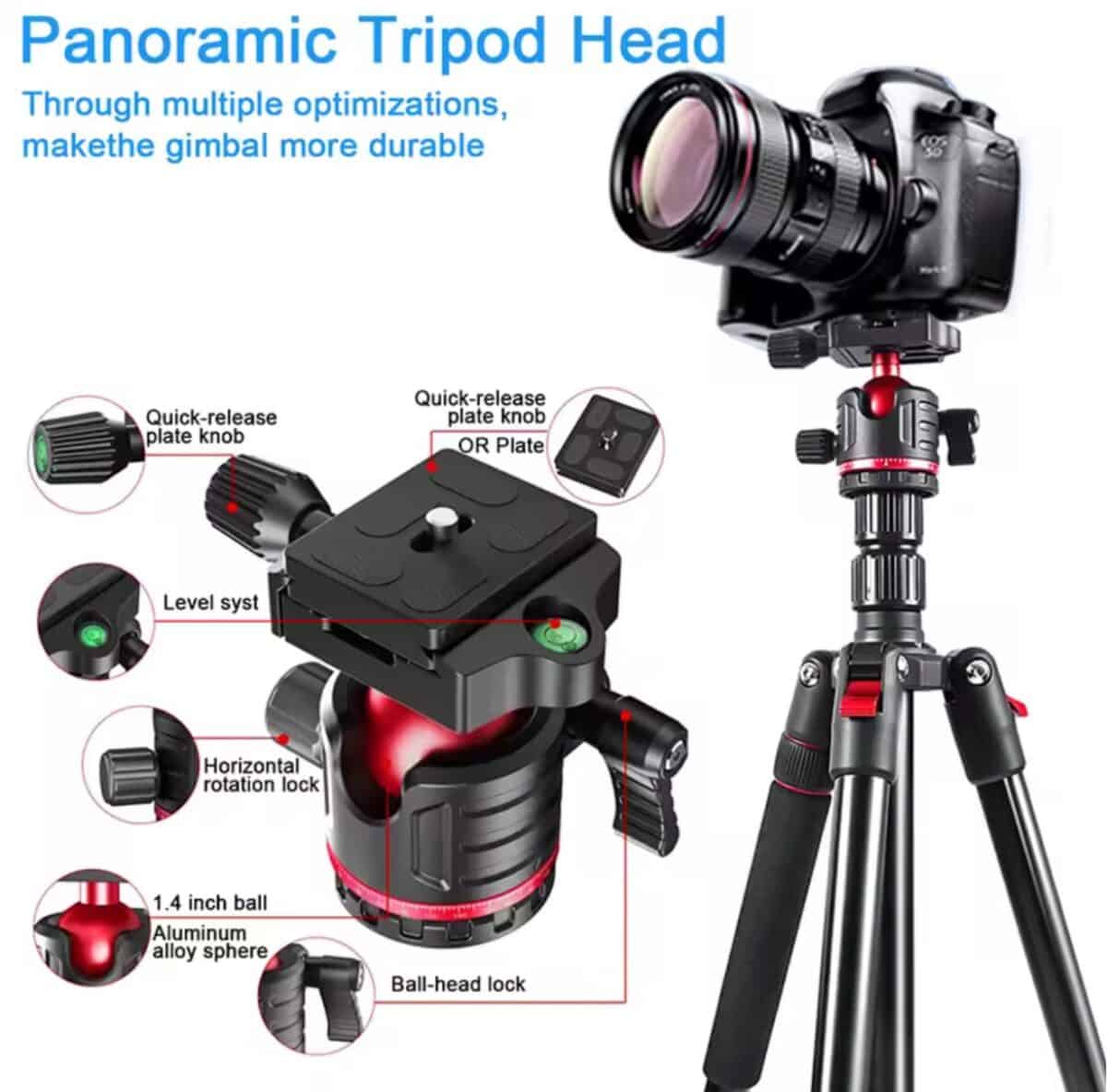 High-quality panoramic tripod head for DSLR and mirrorless cameras, featuring quick-release plate, level system, and ball-head lock for stable, precise photography.